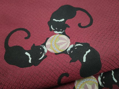 平和屋着物●全通柄　九寸名古屋帯　黒猫　毬　正絹　逸品　CABJ4985hy