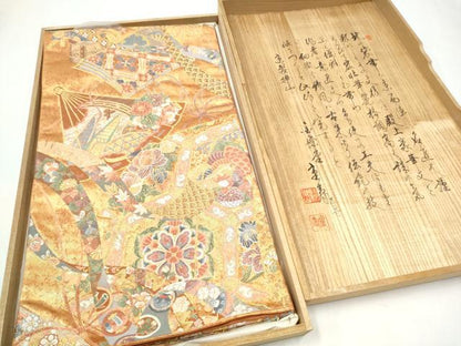 平和屋着物●老舗織元　泰生織物　六通柄袋帯　唐織　鬘帯鳳凰花文　柿色　本金箔　共箱付き　正絹　逸品　CABJ4987hy