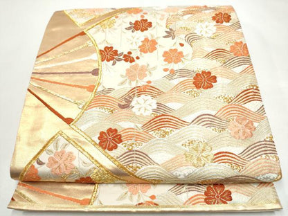 平和屋着物●西陣　河合美術織物謹製　六通柄袋帯　唐織　扇面流水花文　金糸　共箱付き　正絹　逸品　CABJ4989hy