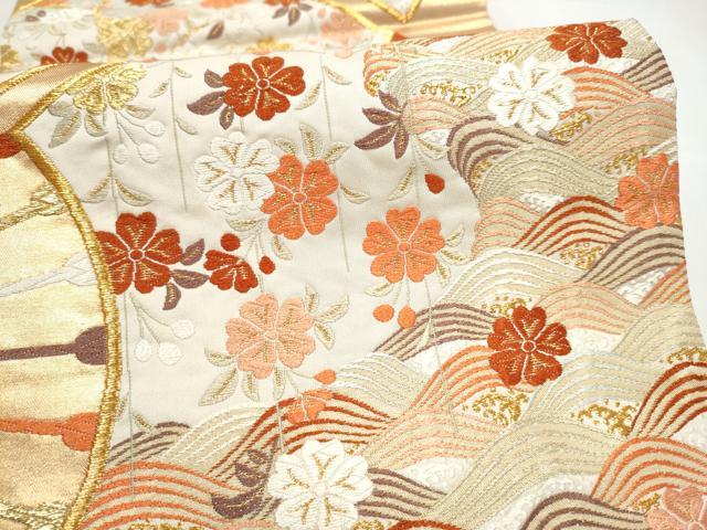 平和屋着物●西陣　河合美術織物謹製　六通柄袋帯　唐織　扇面流水花文　金糸　共箱付き　正絹　逸品　CABJ4989hy