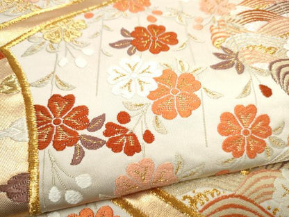 平和屋着物●西陣　河合美術織物謹製　六通柄袋帯　唐織　扇面流水花文　金糸　共箱付き　正絹　逸品　CABJ4989hy