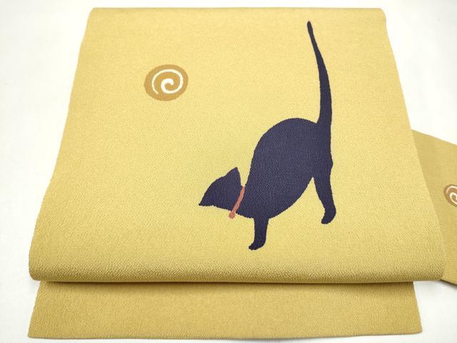 平和屋着物●九寸名古屋帯　黒猫　鬼しぼ縮緬　正絹　逸品　CABJ5024hy