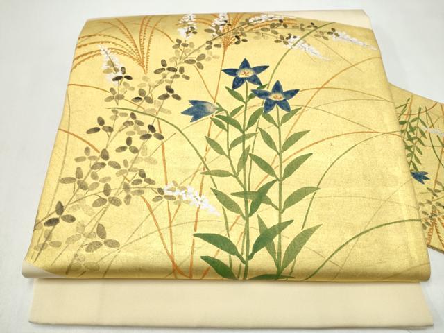平和屋着物●塩瀬　九寸名古屋帯　草花文　金彩　正絹　逸品　CABJ5030hy