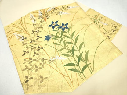 平和屋着物●塩瀬　九寸名古屋帯　草花文　金彩　正絹　逸品　CABJ5030hy