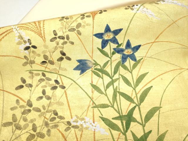 平和屋着物●塩瀬　九寸名古屋帯　草花文　金彩　正絹　逸品　CABJ5030hy