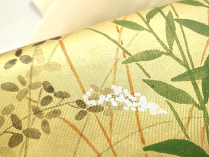 平和屋着物●塩瀬　九寸名古屋帯　草花文　金彩　正絹　逸品　CABJ5030hy