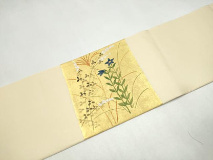 平和屋着物●塩瀬　九寸名古屋帯　草花文　金彩　正絹　逸品　CABJ5030hy