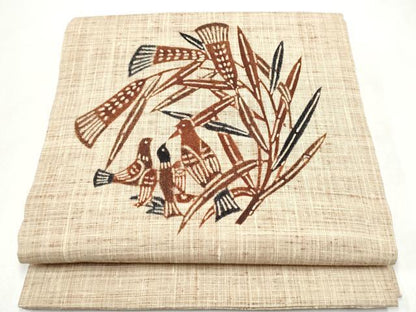 平和屋着物●九寸開き名古屋帯　型染め　紬地　枝葉鳥文　正絹　逸品　CABJ5032hy