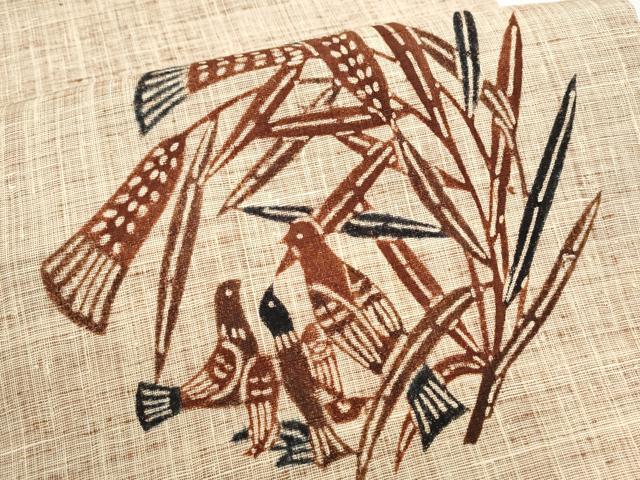 平和屋着物●九寸開き名古屋帯　型染め　紬地　枝葉鳥文　正絹　逸品　CABJ5032hy