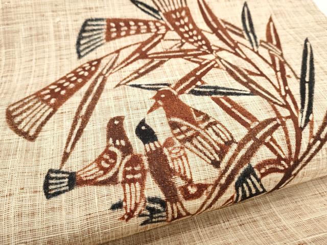 平和屋着物●九寸開き名古屋帯　型染め　紬地　枝葉鳥文　正絹　逸品　CABJ5032hy