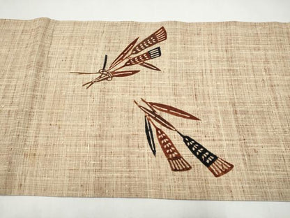 平和屋着物●九寸開き名古屋帯　型染め　紬地　枝葉鳥文　正絹　逸品　CABJ5032hy