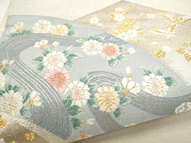 平和屋着物●太鼓柄袋帯　唐織　綴れ　花蝶文　金銀糸　正絹　逸品　CABJ5042hy