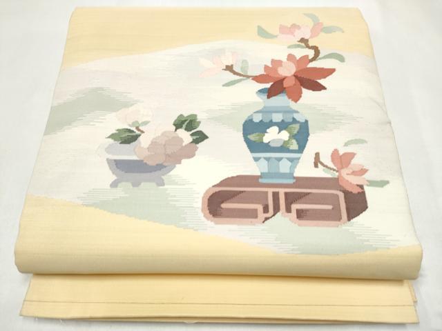 平和屋着物●太鼓柄袋帯　すくい織　陶器花文　正絹　逸品　CABJ5046hy
