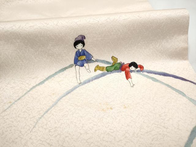 平和屋着物●手描友禅女流作家　一色生子　太鼓柄袋帯　手描き　人物文　銀通し地　正絹　逸品　CABJ5050hy