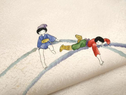 平和屋着物●手描友禅女流作家　一色生子　太鼓柄袋帯　手描き　人物文　銀通し地　正絹　逸品　CABJ5050hy