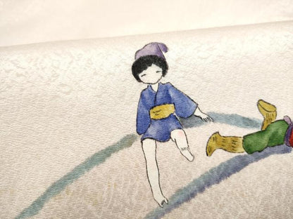 平和屋着物●手描友禅女流作家　一色生子　太鼓柄袋帯　手描き　人物文　銀通し地　正絹　逸品　CABJ5050hy