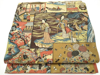 平和屋着物●山喜織物謹製　萬葉　紹巴　全通柄袋帯　人物文　正絹　逸品　CABJ5052hy