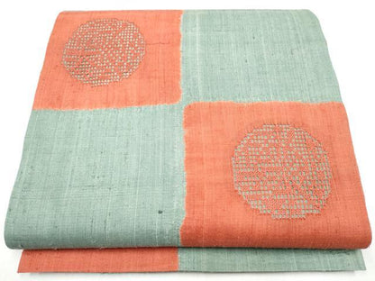 平和屋着物●太鼓柄袋帯　紬地　ドロンワーク　市松花丸文　正絹　逸品　CABJ5053hy