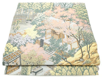 平和屋着物●山喜織物謹製　萬葉　紹巴　全通柄袋帯　風景草花文　正絹　逸品　CABJ5054hy