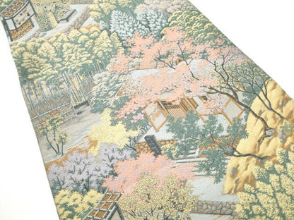 平和屋着物●山喜織物謹製　萬葉　紹巴　全通柄袋帯　風景草花文　正絹　逸品　CABJ5054hy