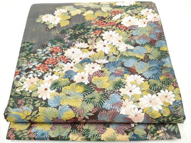 平和屋着物●西陣の老舗アート裕(津村織物)二代目・津村千太郎 　六通柄袋帯　唐織　草花文　金糸　証紙付き　正絹　逸品　CABJ5065hy