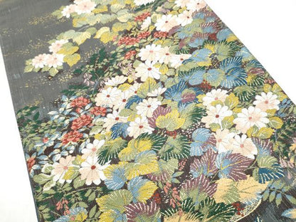 平和屋着物●西陣の老舗アート裕(津村織物)二代目・津村千太郎 　六通柄袋帯　唐織　草花文　金糸　証紙付き　正絹　逸品　CABJ5065hy