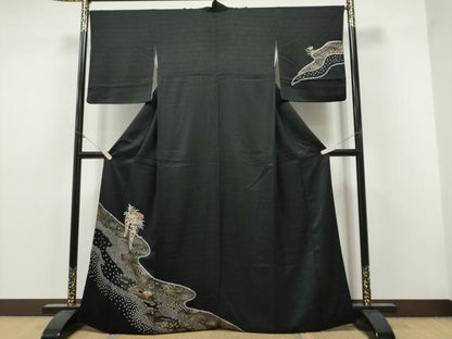 平和屋着物●訪問着　絞り　刺繍　草毬文　黒地　金彩　さが美扱い　正絹　逸品　CABJ5069hy