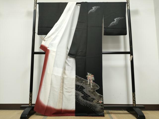 平和屋着物●訪問着　絞り　刺繍　草毬文　黒地　金彩　さが美扱い　正絹　逸品　CABJ5069hy