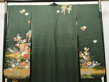 平和屋着物●豪華振袖　駒刺繍　御所車花文　暈し染め　金彩　正絹　逸品　CABJ5079hy