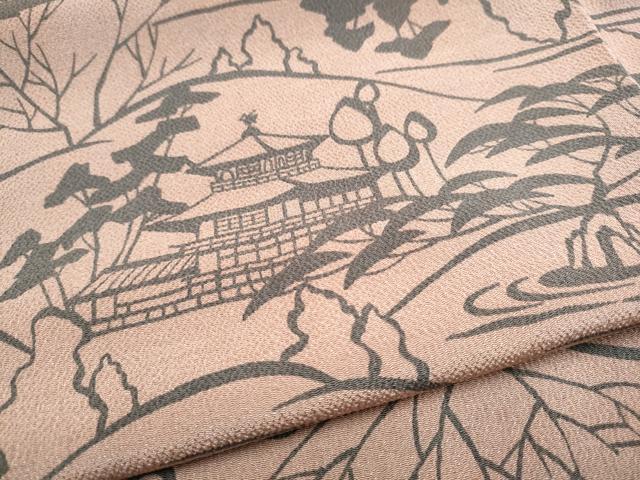平和屋着物●上質な小紋　作家物　型染め　草木染　風景文　鬼しぼ縮緬　正絹　逸品　未使用　CABJ5107hy