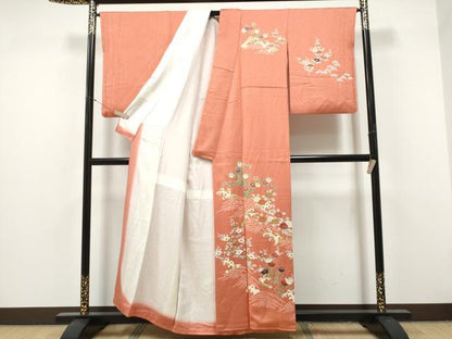 平和屋着物●訪問着　駒刺繍　絞り　流水草花文　金彩　正絹　逸品　CABJ5108hy