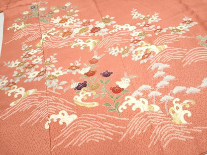 平和屋着物●訪問着　駒刺繍　絞り　流水草花文　金彩　正絹　逸品　CABJ5108hy