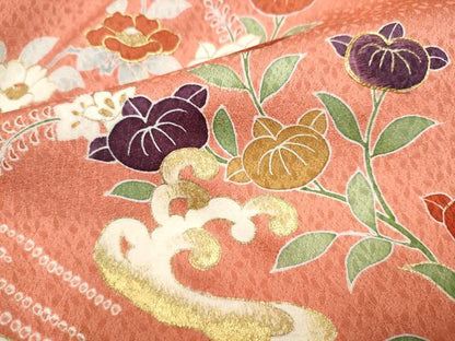 平和屋着物●訪問着　駒刺繍　絞り　流水草花文　金彩　正絹　逸品　CABJ5108hy