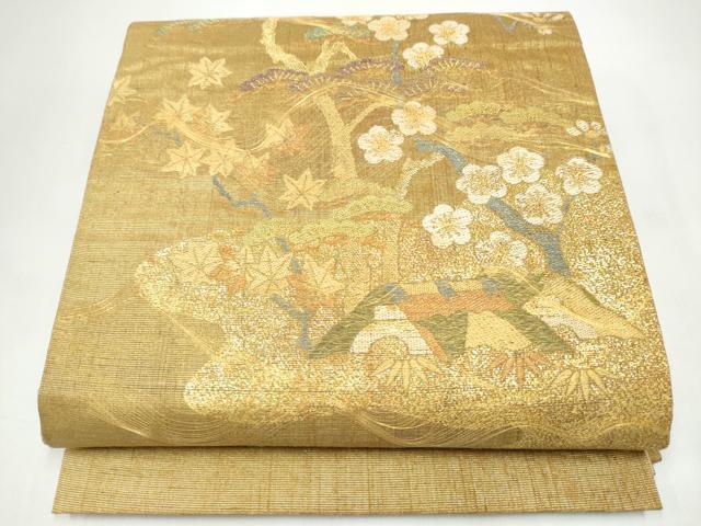 平和屋着物●名門　しょうざん　生紬　紙屋川伝承　絹漉貴　太鼓柄袋帯　松竹梅風景文　金糸　正絹　逸品　CABJ5124hy