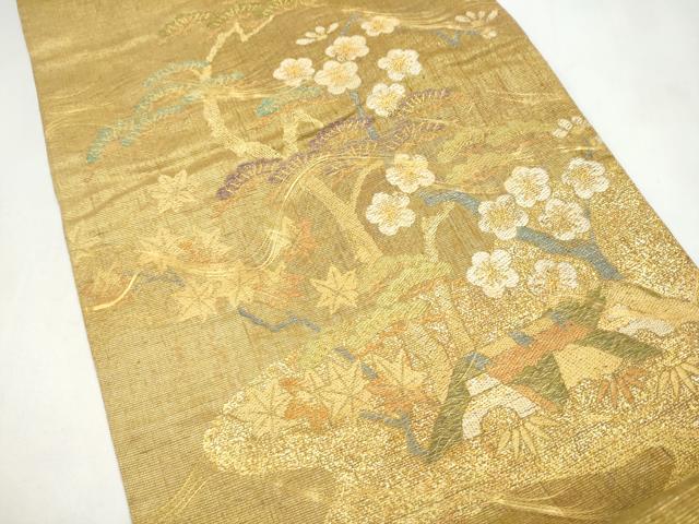 平和屋着物●名門　しょうざん　生紬　紙屋川伝承　絹漉貴　太鼓柄袋帯　松竹梅風景文　金糸　正絹　逸品　CABJ5124hy