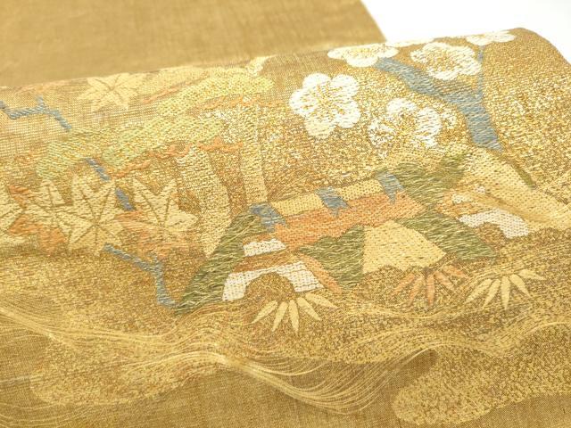 平和屋着物●名門　しょうざん　生紬　紙屋川伝承　絹漉貴　太鼓柄袋帯　松竹梅風景文　金糸　正絹　逸品　CABJ5124hy
