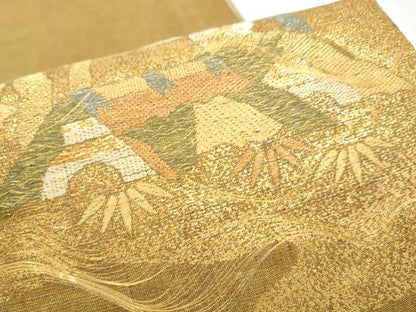 平和屋着物●名門　しょうざん　生紬　紙屋川伝承　絹漉貴　太鼓柄袋帯　松竹梅風景文　金糸　正絹　逸品　CABJ5124hy