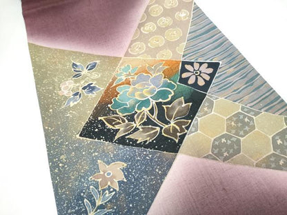 平和屋着物●太鼓柄袋帯　紬地　切嵌花文　金彩　正絹　逸品　CABJ5133hy