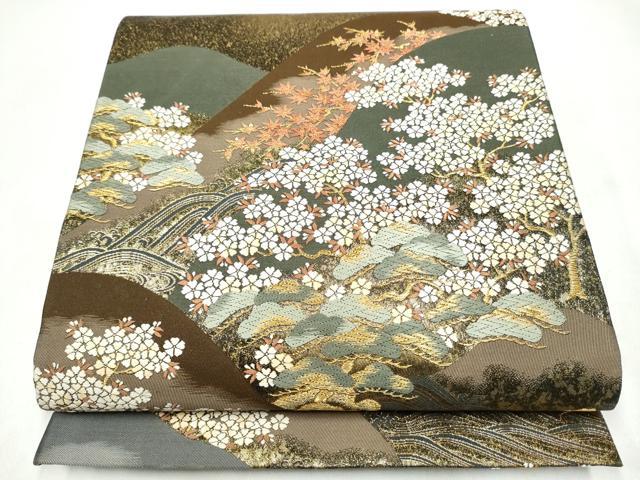 平和屋着物●六通柄袋帯　唐織　流水草花文　金糸　引箔　正絹　逸品　CABJ5143hy