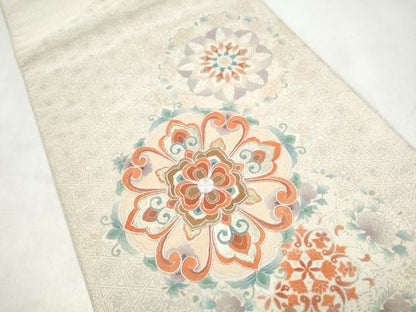 平和屋着物●太鼓柄袋帯　駒刺繍　綴れ　正倉院花文　金彩　正絹　逸品　CABJ5151hy