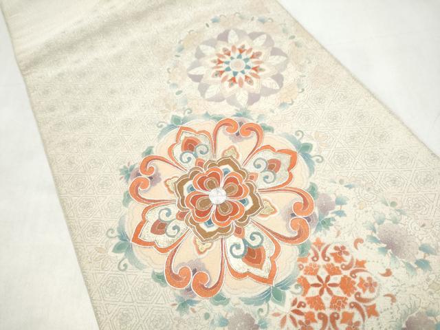平和屋着物●太鼓柄袋帯　駒刺繍　綴れ　正倉院花文　金彩　正絹　逸品　CABJ5151hy