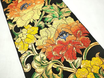 平和屋着物●六通柄　本袋帯　牡丹唐草文　黒地　金糸　正絹　逸品　CABJ5152hy