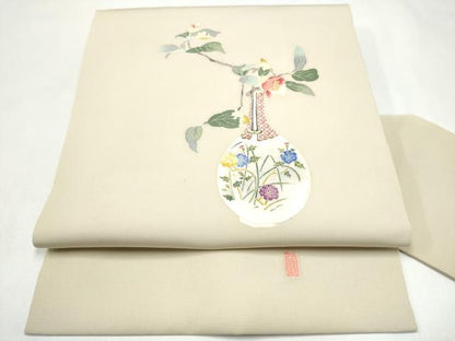 平和屋着物●本加賀友禅作家　柿本市郎　塩瀬　九寸名古屋帯　陶器花文　正絹　逸品　CABJ5159hy