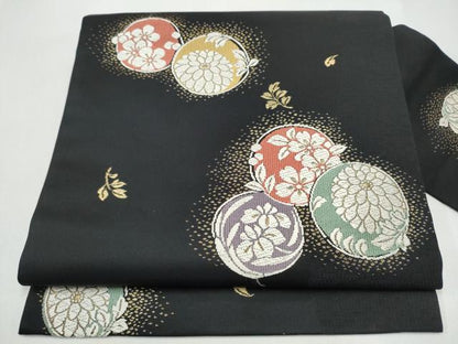 平和屋着物●九寸名古屋帯　唐織　草花丸文　黒地　金糸　正絹　逸品　CABJ5164hy