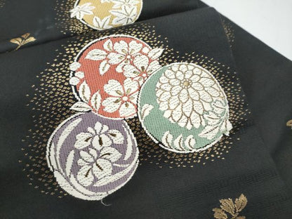 平和屋着物●九寸名古屋帯　唐織　草花丸文　黒地　金糸　正絹　逸品　CABJ5164hy