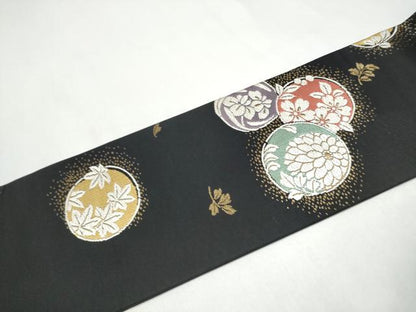 平和屋着物●九寸名古屋帯　唐織　草花丸文　黒地　金糸　正絹　逸品　CABJ5164hy