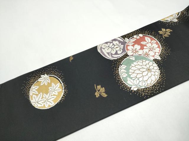 平和屋着物●九寸名古屋帯　唐織　草花丸文　黒地　金糸　正絹　逸品　CABJ5164hy