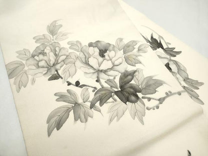 平和屋着物●九寸名古屋帯　作家物　手描き　枝牡丹　鬼しぼ縮緬　正絹　逸品　CABJ5168hy