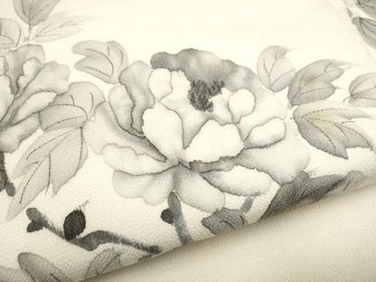 平和屋着物●九寸名古屋帯　作家物　手描き　枝牡丹　鬼しぼ縮緬　正絹　逸品　CABJ5168hy