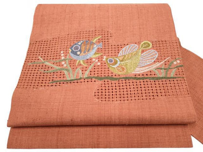 平和屋着物●中国三大刺繍　スワトウ相良刺繍　紬地　魚　金糸　名古屋帯　正絹　逸品　CABJ5171hy
